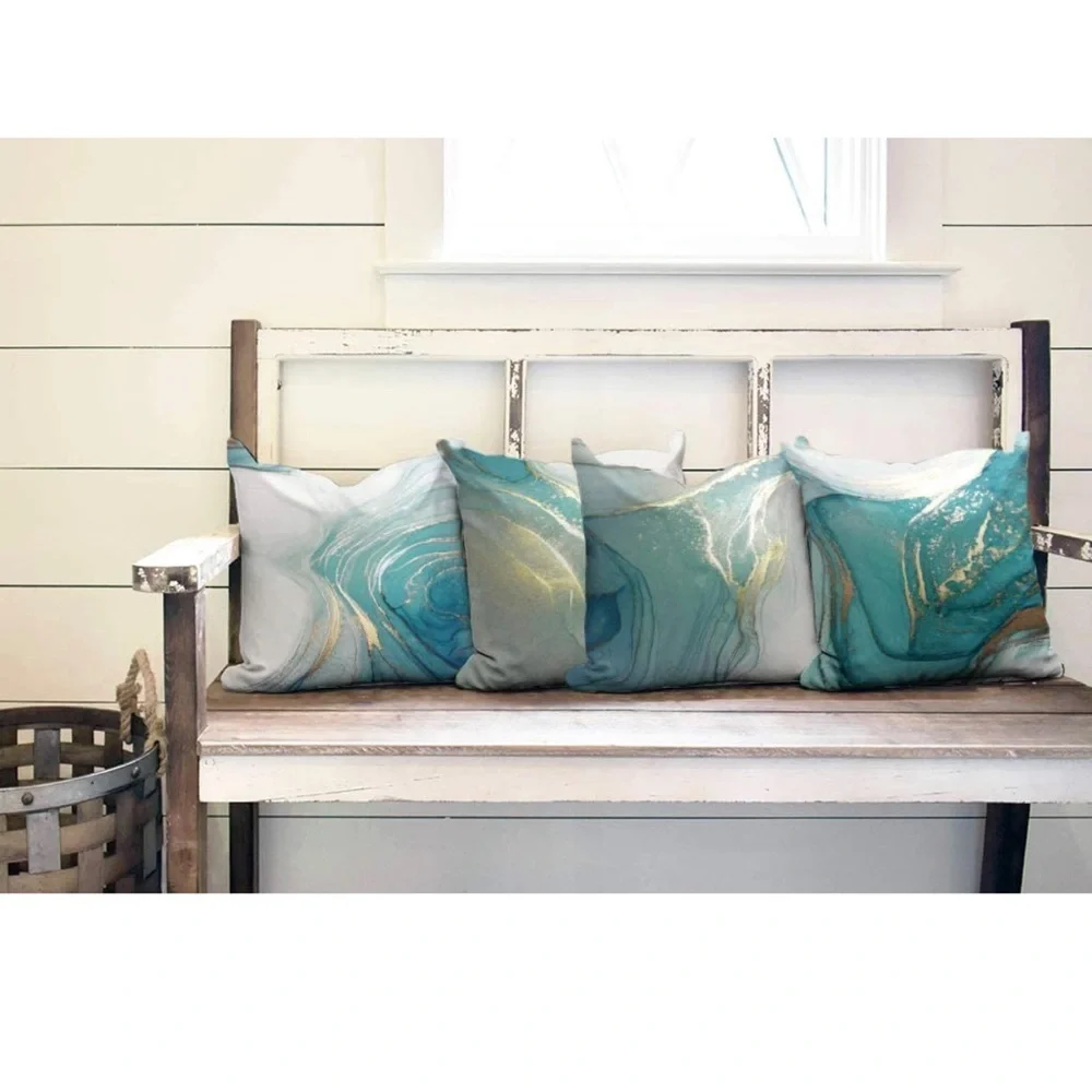 Marble Texture Turquoise and Gold Silver Decorative Throw Pillow Covers Set of 4 - Picture 2 of 15